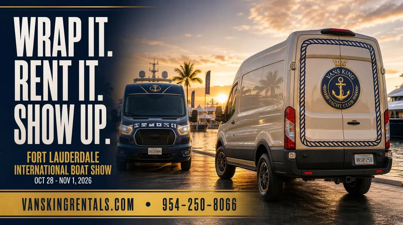 VansKing Rentals vans in nautical wraps at the Fort Lauderdale International Boat Show, October 28 to November 1, 2026
